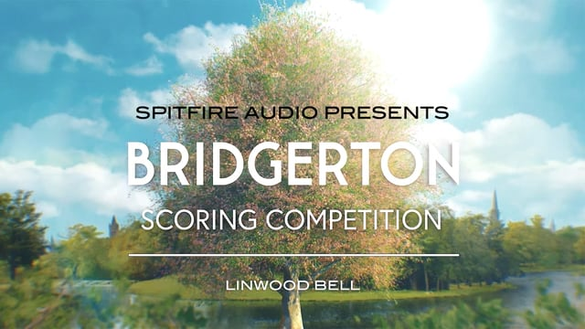 Spitfire Audio Bridgerton Scoring Competition promotional image featuring a scenic tree-lined river and the name Linwood Bell