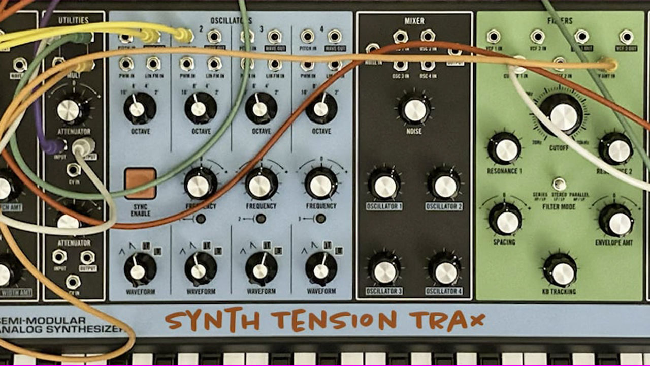 Close-up of a semi-modular analog synthesizer with colorful patch cables and labeled dials, representing synth-driven cinematic tension music.