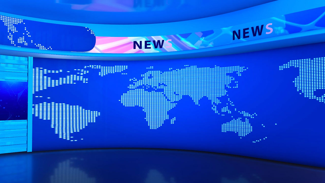 Modern blue news studio backdrop with digital world map and NEWS headline banners, symbolizing global journalism and broadcast media.
