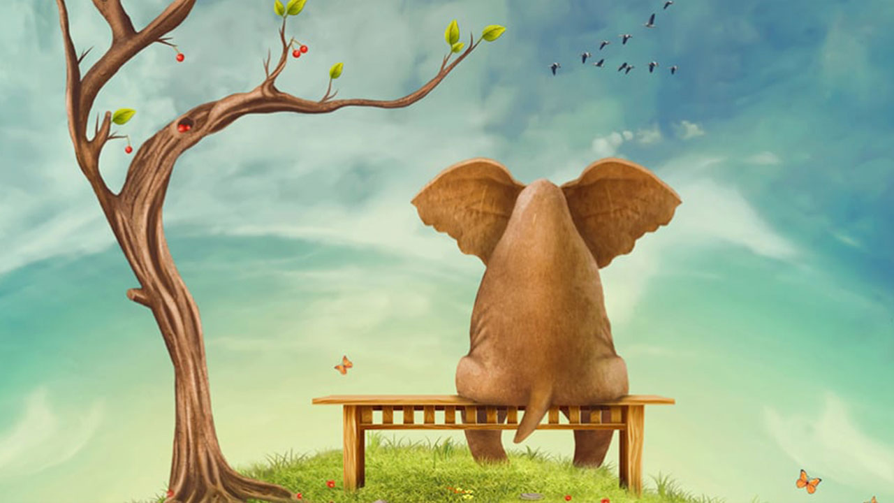 A tender, whimsical scene of an elephant sitting alone on a bench under a tree, gazing into the sky, evoking themes of remembrance and gentle melancholy.